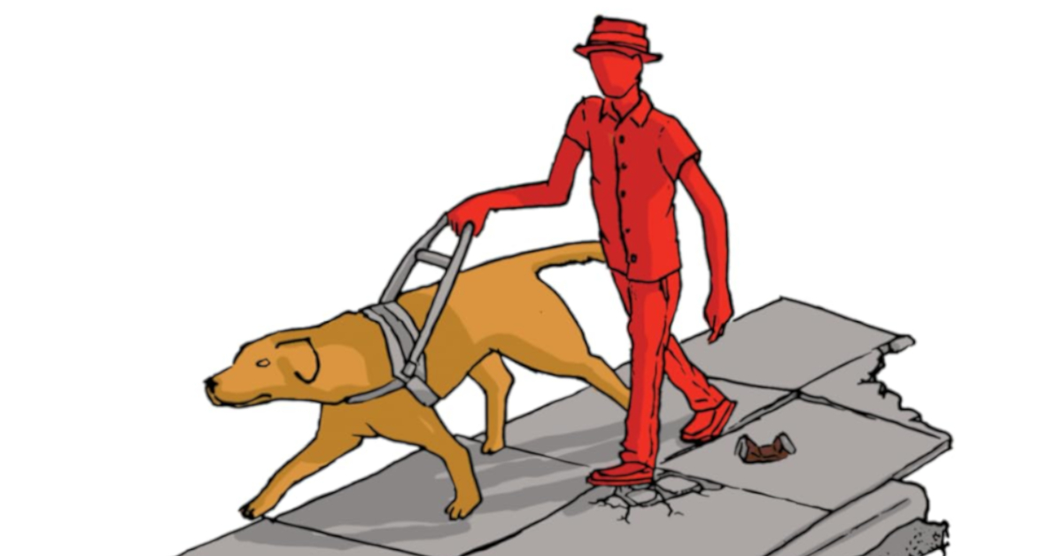 O Sr. Artur caminha pelo passeio com o seu cão-guia